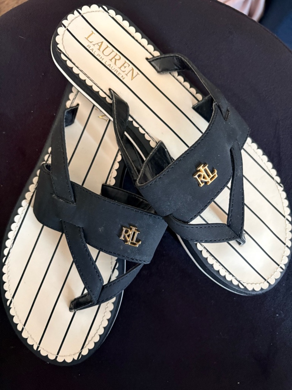 Lauren Ralph Lauren Black and White Logo Thong Sandals
